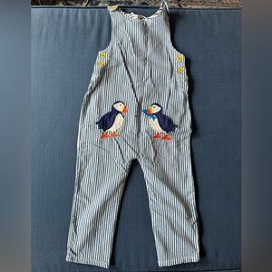 Boden Blue and White Striped Overalls with Puffin Design
